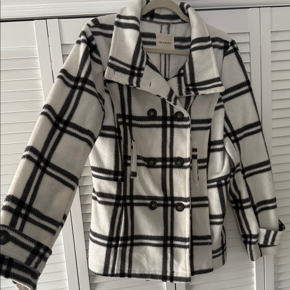 Michael Kors Black and White Plaid Pea Coat